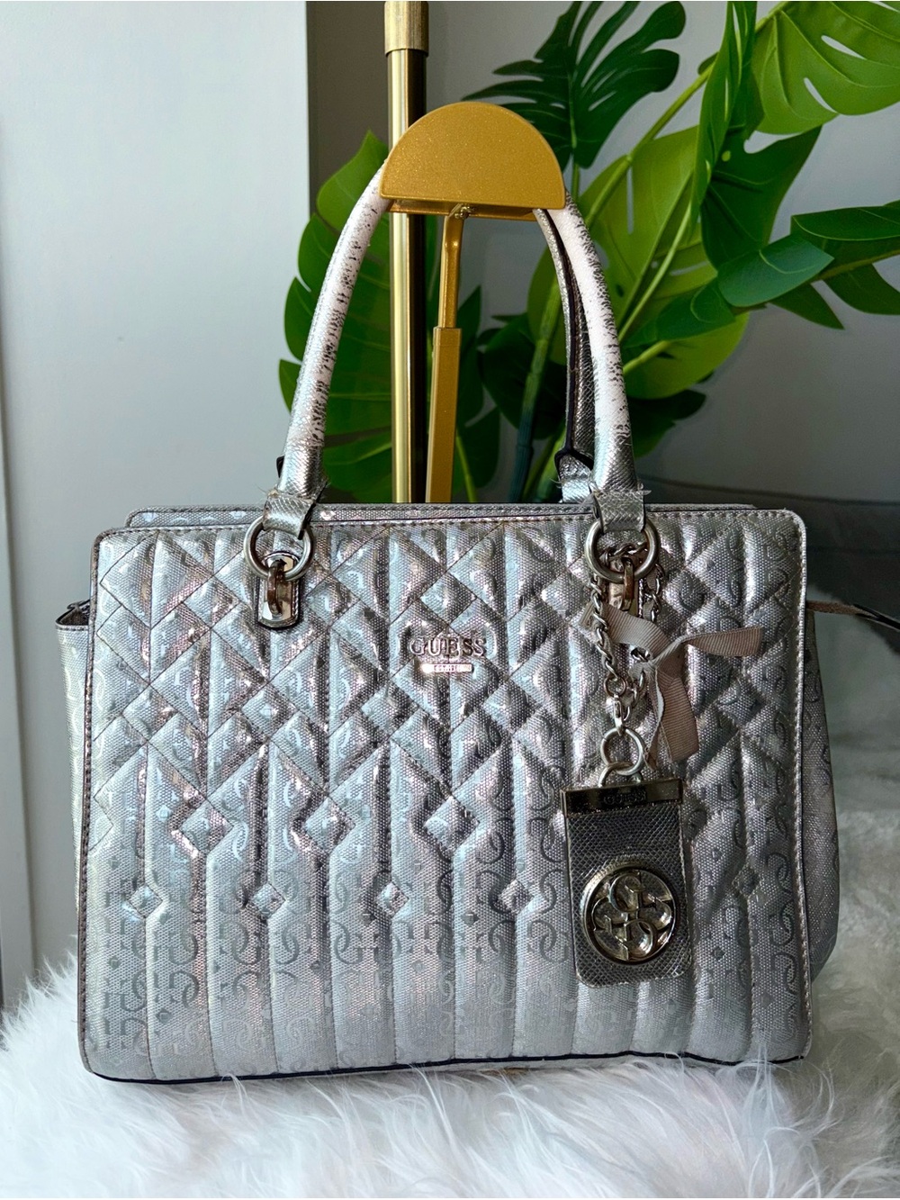 Vintage Y2K GUESS Silver Metallic Monogram Quilted Purse Charm Satchel Bag